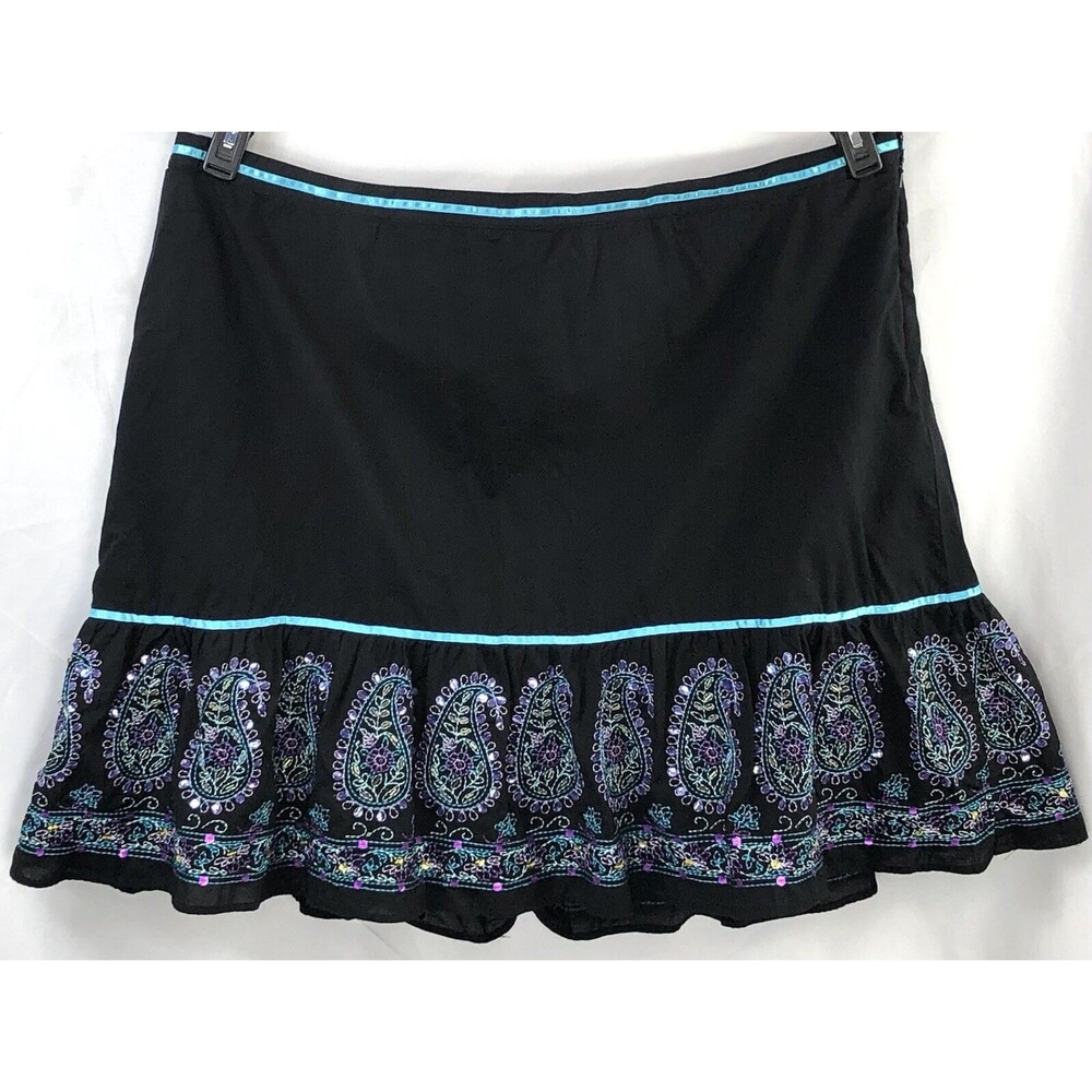 Vintage Venezia Flare Skirt 26 Blk Embroidered sequin Tiered Gypsy Festival Boho